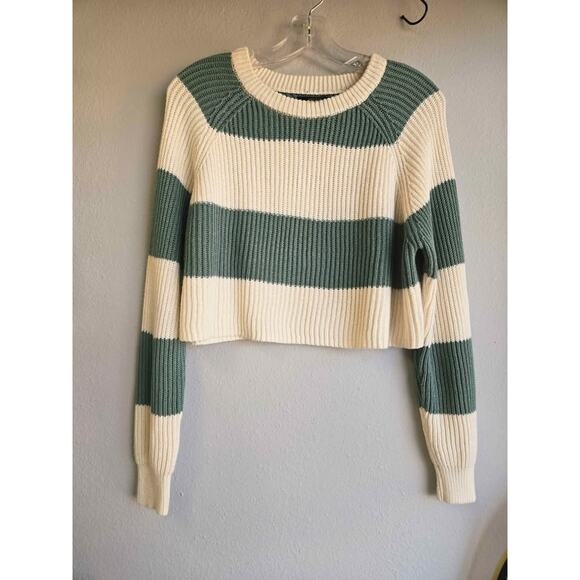 F21 Striped Cropped Knit Sweater Ribbed Chunky Cotton Blend Green & Cream Small - Picture 1 of 5